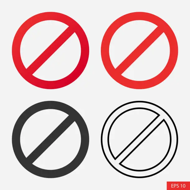 Vector illustration of Prohibition sign icon or block sign symbol set in flat style design for website, app, UI, isolated on white background. No sign, stop sign, cancelled, no parking. EPS 10 vector illustration.