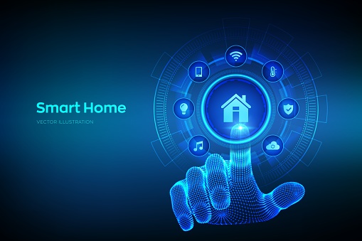 Smart home. Automation control system concept. Futuristic interface of smart home automation assistant on a virtual screen. Wireframe hand touching digital interface. Vector illustration