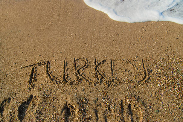 istock The inscription Turkey on the sand on the beach. Selective focus. 1360240062