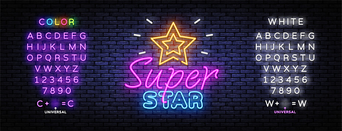 Pop art banner with super star neon on light background. Vector illustration design. Symbol, logo illustration. Super star neon on light background. Editing text neon sign.