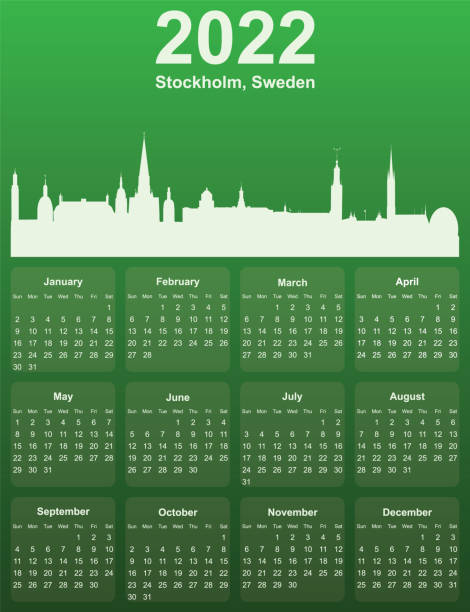 zielony stylowy kalendarz 2022 roku z panoramą miasta sztokholm, szwecja - silhouette city town stockholm stock illustrations