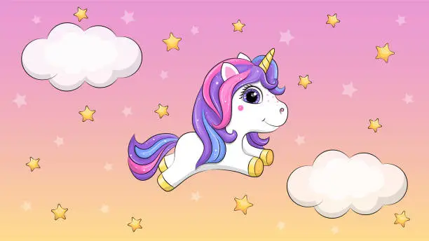 Vector illustration of Cute cartoon baby unicorn in the sky. .