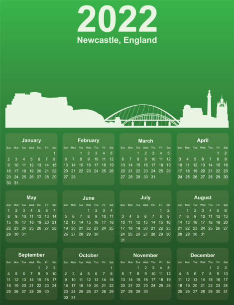 зеленый стильный календарь на 2022 год с панорамой городского пейзажа города ньюкасл, англия - newcastle stock illustrations