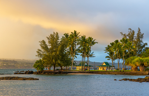 Beautiful Liliuokalani Park and Gardens in Hilo, Hawaii, on a rainy sunset