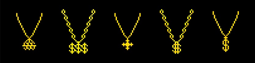 Rapper pixel gold chains collection. Luxurious rich necklace with dollar symbol for game party cultural hip hop with expensive vector treasure