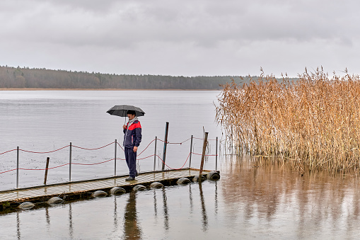 Middle-aged asian man in sports jacket walking under umbrella on wooden pier on autumn rainy gray day over of backdrop of lake and forest. Autumn landscape.