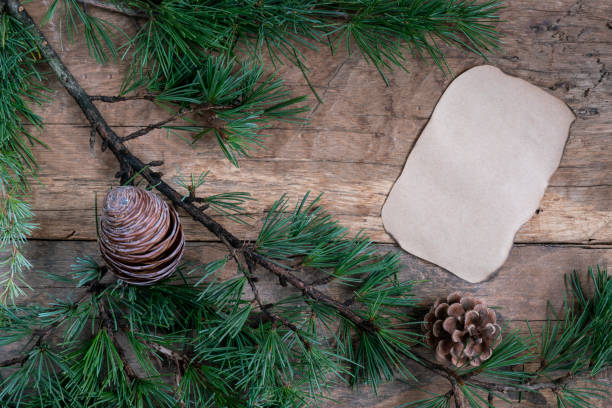 istock blank Christmas greeting card with pine tree branches and cones on wood 1360244702
