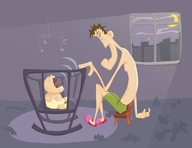 Sleepy parent and crying baby Sleepy parent lulls a crying baby. EPS10 use gradients and transparency. crying baby cartoon stock illustrations
