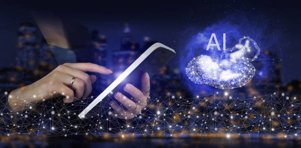 istock Artificial intelligence industry 4.0. Hand touch white tablet with digital hologram Artificial intelligence polygonal fetus sign on city dark blurred background. The modern concept of the cyberbrain. 1360245924