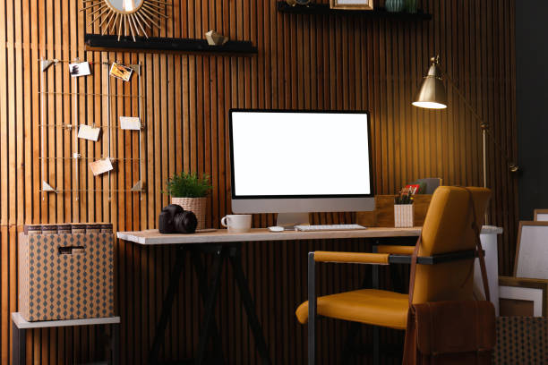 istock Home workplace with modern computer and desk in room. Mockup for design 1360245973