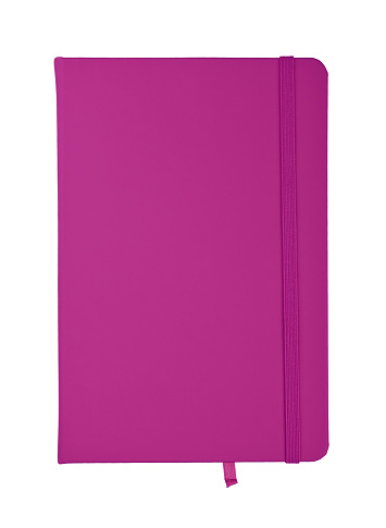 Closed purple violet faux leather cover notebook isolated on white background, flat lay, directly above