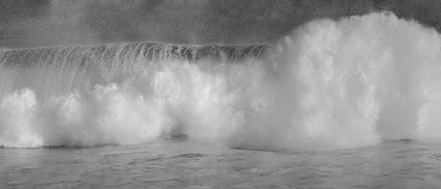 At the Wedge in Newport Beach, California, an ocean wave rushes to shore in a mass of tumultuous foam.