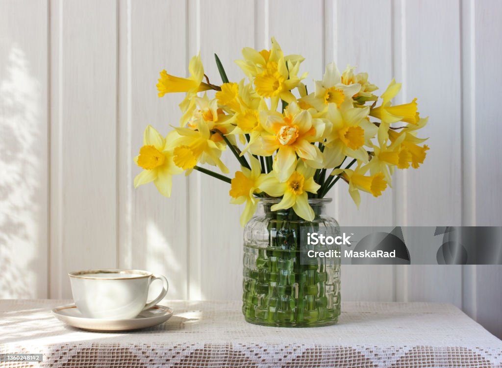 bouquet of yellow daffodils in a glass vase bouquet of yellow daffodils in a glass vase and a retro cup on the table, a sunny rustic composition. Daffodil Stock Photo