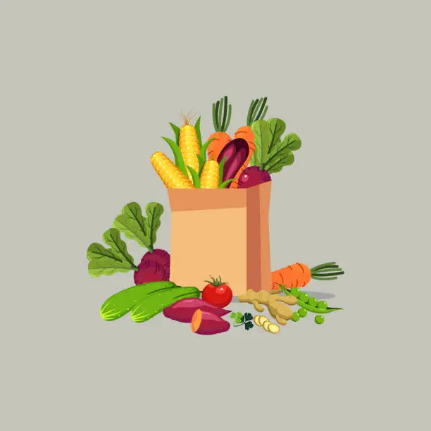 Vector illustration of Vegetables in a carton bag.