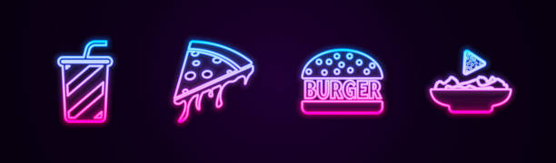 istock Set line Glass with water, Slice of pizza, Burger and Nachos in plate. Glowing neon icon. Vector 1360249585
