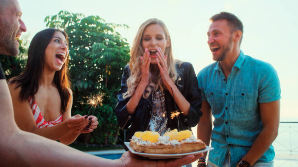 istock Surprise birthday party. Summer day with friends 1360250029