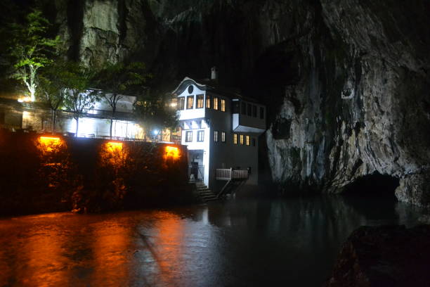 At Midnight The Blagaj Lodge (Alperenler Lodge), Mostar, Bosnia stock photo
