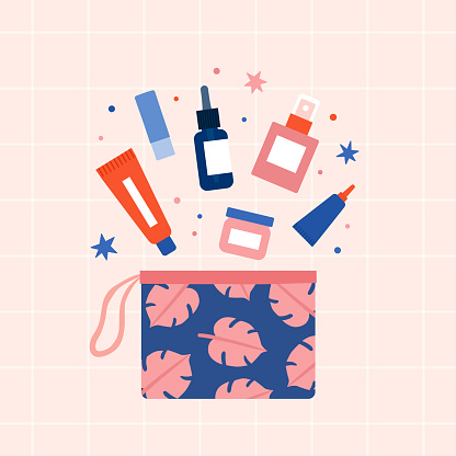 Skincare in cosmetics bag. Beauty products. Vector illustration
