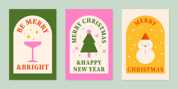 ilustrações de stock, clip art, desenhos animados e ícones de set of cute christmas cards. vector illustration - champagne coloured illustrations