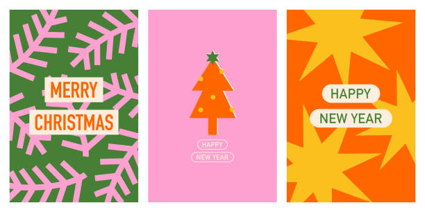 ilustraciones, imágenes clip art, dibujos animados e iconos de stock de juego de tarjetas de navidad y año nuevo - vector holly christmas art