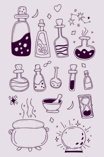 ilustrações de stock, clip art, desenhos animados e ícones de vector witchcraft set. witchs workshop - bottles with potions and love spells, magic ball and witchs cauldron, an hourglass and mortar. linear illustrations in hand doodle style, outline. isolated - witchs