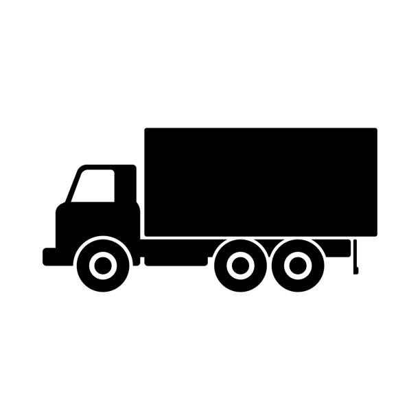 Old heavy off-road truck icon. Side view. Black silhouette. Vector graphic illustration. Isolated object on a white background. Isolate. Old heavy off-road truck icon. Side view. Black silhouette. Vector graphic illustration. Isolated object on a white background. Isolate. truck silhouettes stock illustrations