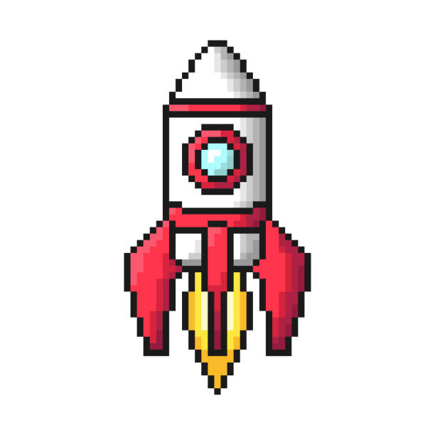 Pixel rocket icon. Vertical view. Vector graphic illustration. Isolated object on a white background. Isolate. Pixel rocket icon. Vertical view. Vector graphic illustration. Isolated object on a white background. Isolate. Missile stock illustrations