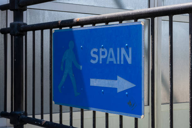 Checkpoint sign to Spain stock photo