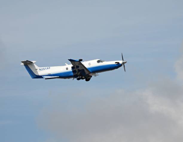 Boca Raton, Palm Beach County, Florida, USA. December 20, 2021: A Pilatusfixed wing single engine (11 seats / 1 engine) takes off from the Boca Raton Airport.  N351AF. MFR Year: 2012