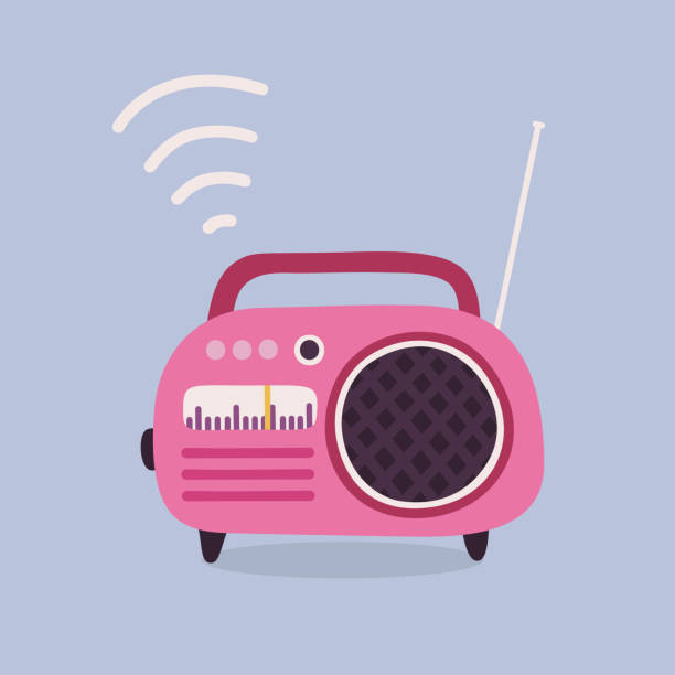 Radio Vector cute illustration with pink retro radio station analogue radio stock illustrations