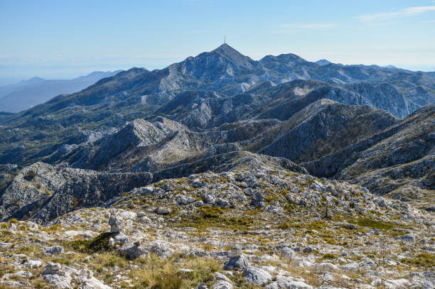 Scenic view on Biokovo mountain range from Sveti Ilija (St. Elias) peak Biokovo mountain is the highest mountain in Dalmatia and the second highest in Croatia – it rises to 1,762 metres at its highest point. nature park stock pictures, royalty-free photos & images