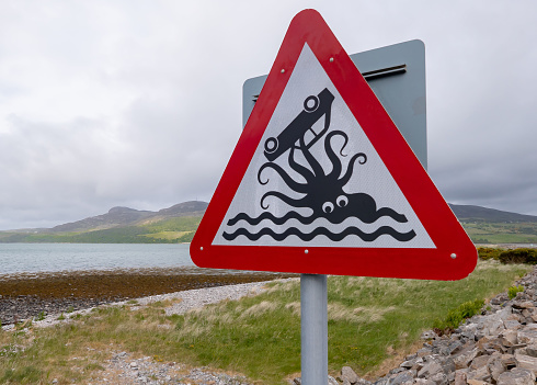 A roadside sign warning of Kiwi birds near the volcanic peak of Mount Ngauruhoe, North Island New Zealand.