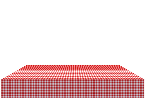 Empty table with red checkered tablecloth