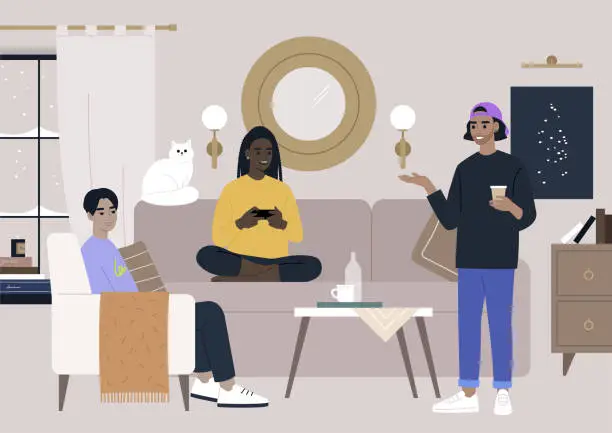 Vector illustration of A group of friends hanging out in the living room, a house warming party with neighbors
