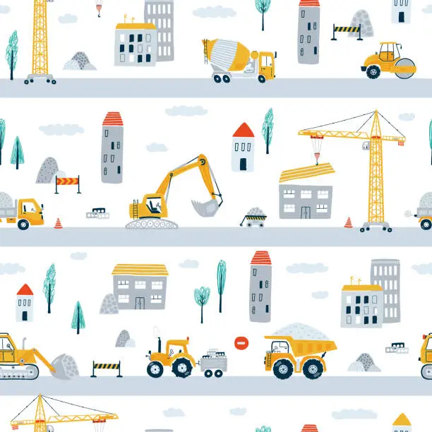 Vector illustration of Cute children's seamless pattern with yellow car dump truck, crane, road, signs, house on white background. Illustration construction site in flat style for wallpaper, fabric, textile design. Vector