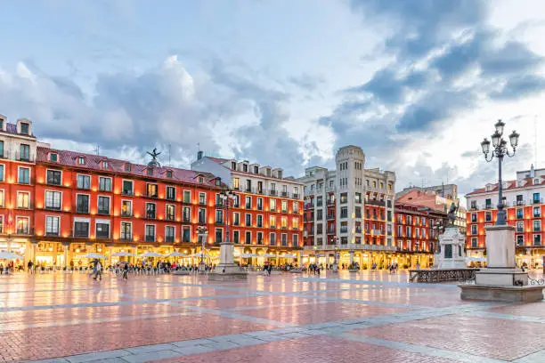 September, 2021. Valladolid, Spain. The historic city square in a rain at sunset.