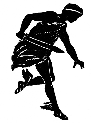 Silhouette of Greek messenger god Hermes (Roman god Mercury) holding a sword. Concept. Illustration published 1893. Source: Original edition is from my own archives. Copyright has expired and is in Public Domain.