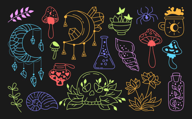 Mystic doodle set witchcraft symbols crystals shell moon skull magician sign alchemy esoteric vector Mystic doodle set, witchcraft symbols crystals, shell, moon, skull. Magician sign alchemy and esoteric. Spiritual boho hand drawn elements. For tattoo, sticker, print fantasy occult witch vector spider tribal tattoo stock illustrations