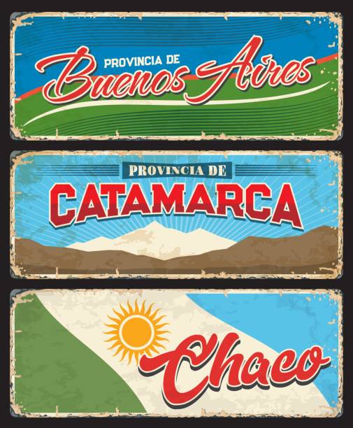 Buenos Aires, Catamarca, Chaco, Argentina province Buenos Aires, Catamarca and Chaco regions, Argentine provinces vintage vector plates. Argentina province flags, heraldic sun and mount El Manchao landscape, Argentine travel grunge signs and stickers resistencia stock illustrations