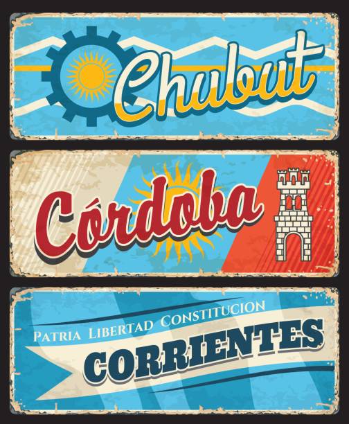 Chubut, Cordoba, Corrientes, Argentina provinces Chubut, Cordoba and Corrientes region, Argentine provinces vintage plates. Vector flags of Argentina regions, coat of arms heraldic symbols of sun, fortress tower and wheel of gear, old grunge signs cordoba argentina stock illustrations