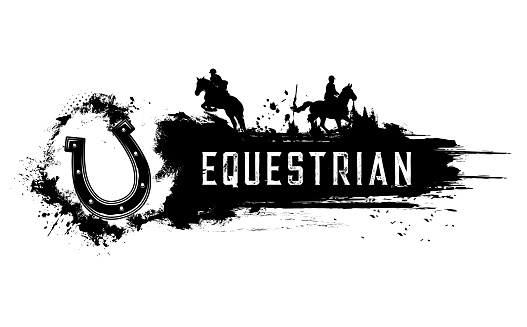 Equestrian sport club banner. Horse riding and racing, horseshoe, jockey on stallion, jumping over obstacles on show jumping competition, polo player silhouette and black paint, grunge ink splatters
