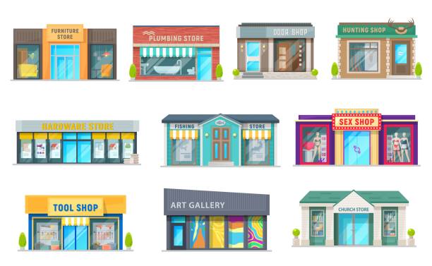 Store, shop and art gallery buildings, vector Store, shop and art gallery buildings with vector storefront windows, glass front doors and awnings. Isolated objects of retail business property and commercial real estate, hunting and plumbing store store stock illustrations