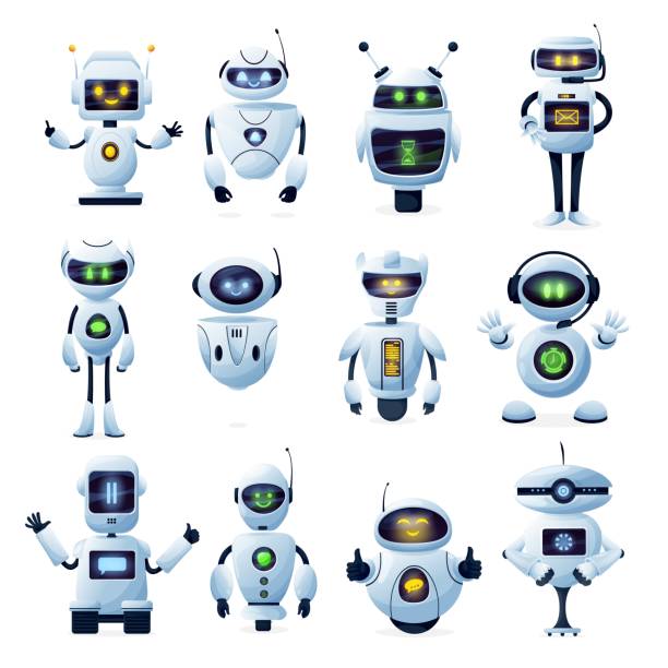 Robots and chatbots, cartoon AI bots and cyborgs Robots and chatbots, AI bots characters, vector cartoon vector future mascots. Android robots, chatbots and digital cyborgs, futuristic technology service and communication artificial intelligence robot stock illustrations