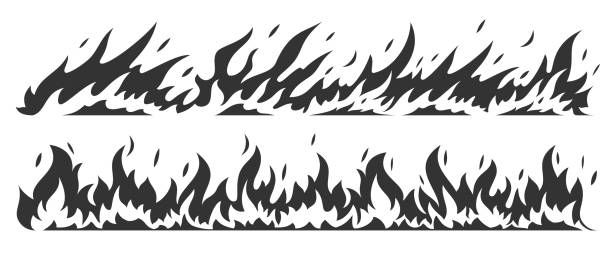 Fire bonfire border flames black silhouette set Fire bonfire border flames black silhouette set. Stamp flame energy fiery explosion hot outline warning symbols. Collection sign icon danger ignition object forest fires flammable isolated on white flame silhouettes stock illustrations