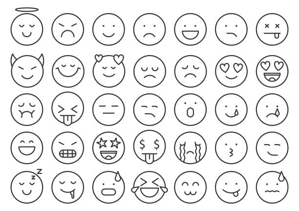 illustrations, cliparts, dessins animés et icônes de emoji face icône d’émotion simple jeu de lignes noires - visage anthropomorphique