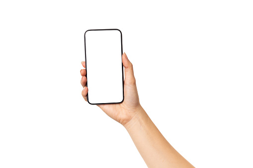Hand young woman holding mobile smartphone with blank screen isolated on white background with clipping path
