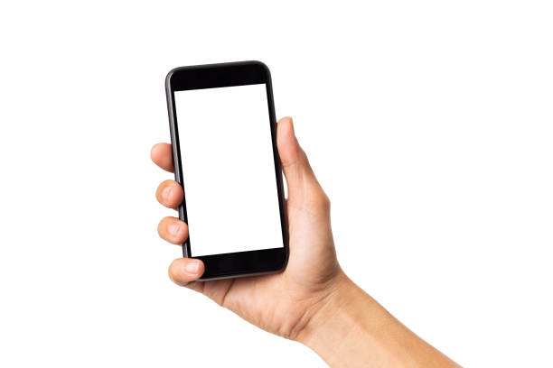 istock Hand business man holding mobile smartphone with blank screen isolated on white background with clipping path 1360291949