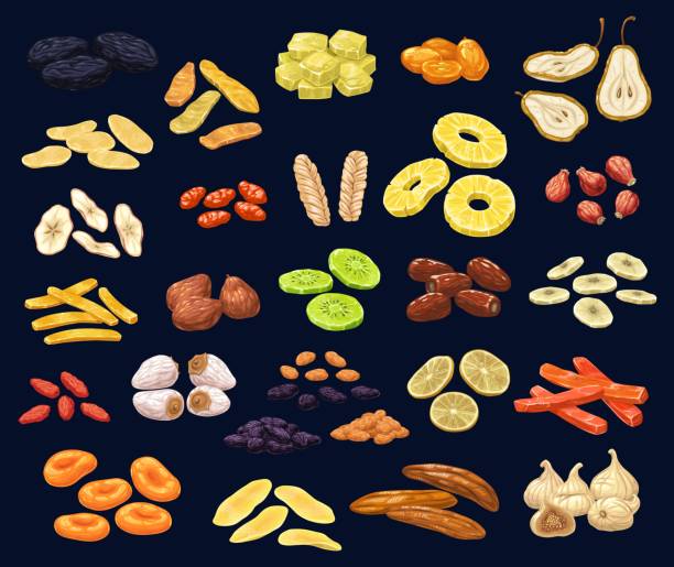 Dried fruits and berries dessert vector set Dried fruits and berries dessert set. Prune, mango and ginger, kumquat, pear and apple, dogwood, melon and pineapple, rosehip, dates and kiwi, banana, fig and white raisin, lemon and papaya, apricot grape pruning stock illustrations
