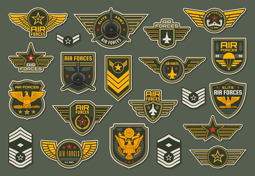 Army air forces, airborne units badges and winged chevrons with plane propeller, jet fighter aircraft and airplane yoke, wings, stars and colonel vector. Military enlisted rank insignia epaulets set