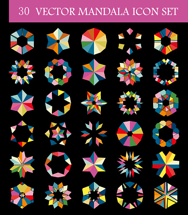 Vector 30 colorful mosaic hexagon mandalas icon set